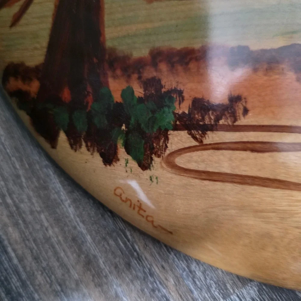 Oregon Myrtlewood Hand Painted Landscape Wall Plaque Anita Signed 12 Inch Round‎